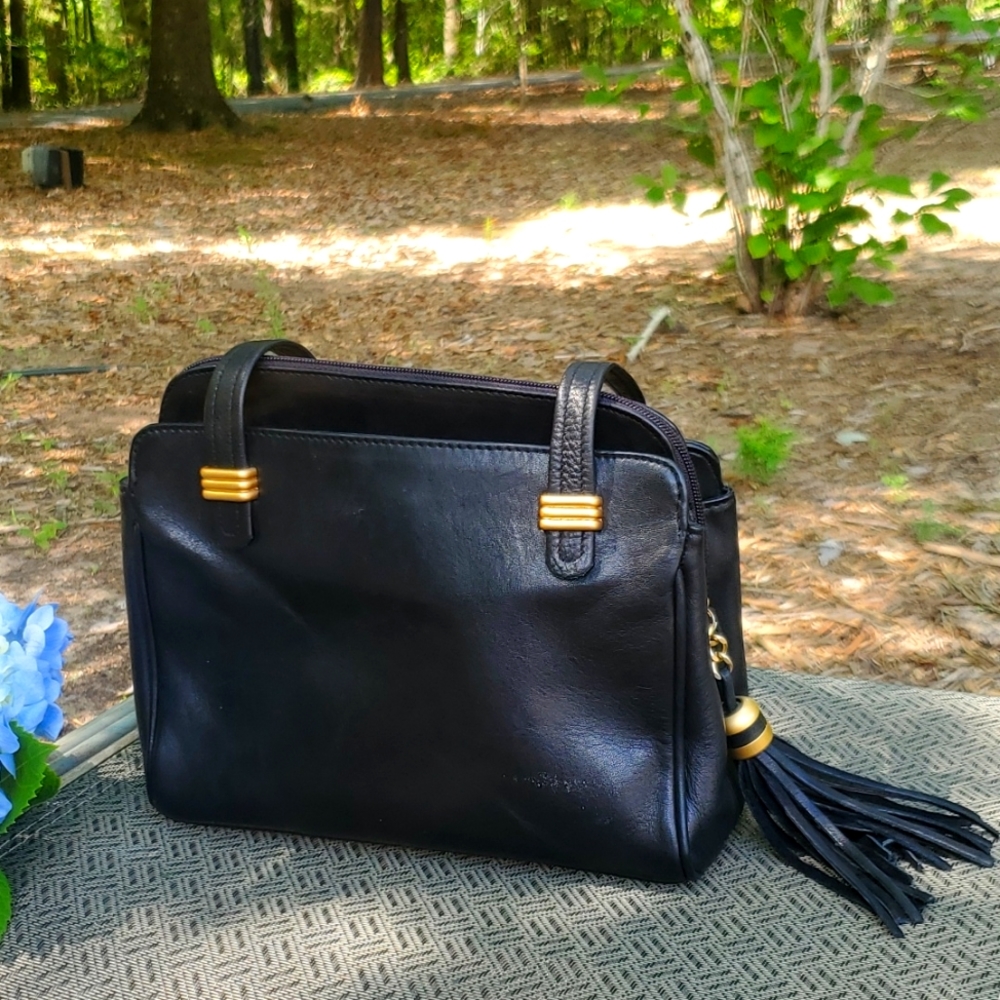 Tignanello Black Leather & Brass Shoulder Bag with Tassel - Vintage